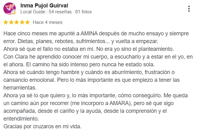 Reseña de Google de una alumna del Programa Amina
